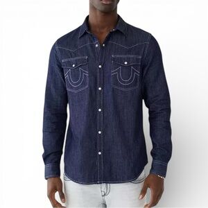 True Religion denim blue western pearl snap shirt size large